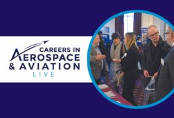 Careers in Aerospace and Aviation Live and a photo in a circle of people at a careers fair
